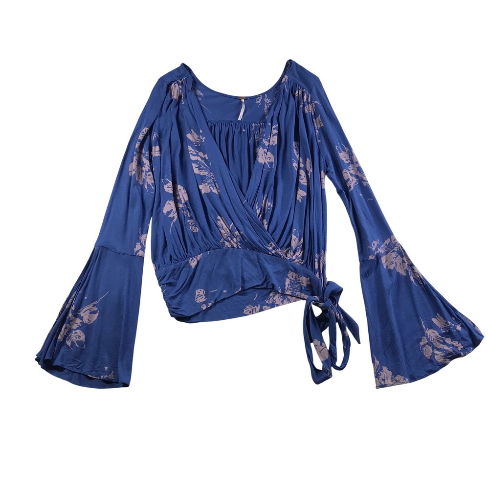 Free People Blue Floral Bell Sleeve Surplice Wrap Top Size M